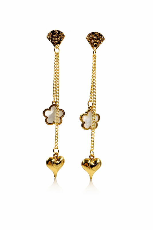Gold-Tone Heart & Floral Charm Drop Earrings