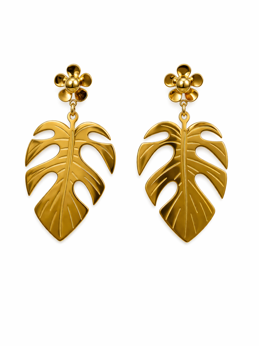 Golden Monstera Leaf Drop Earrings