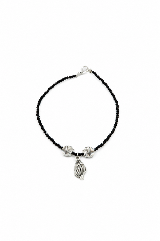 Black Beaded Seashell Charm Anklet