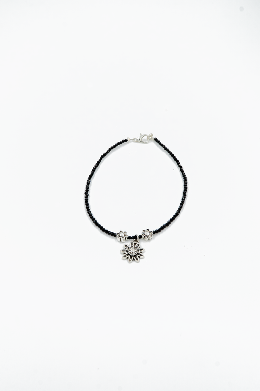 Black Beaded Floral Charm Anklet