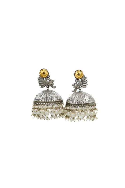 Peacock Dome Jhumka Earrings with Pearl Droplets