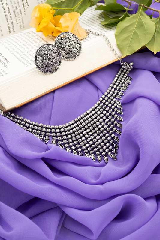 Oxidized Silver Beaded Leaf Choker Set