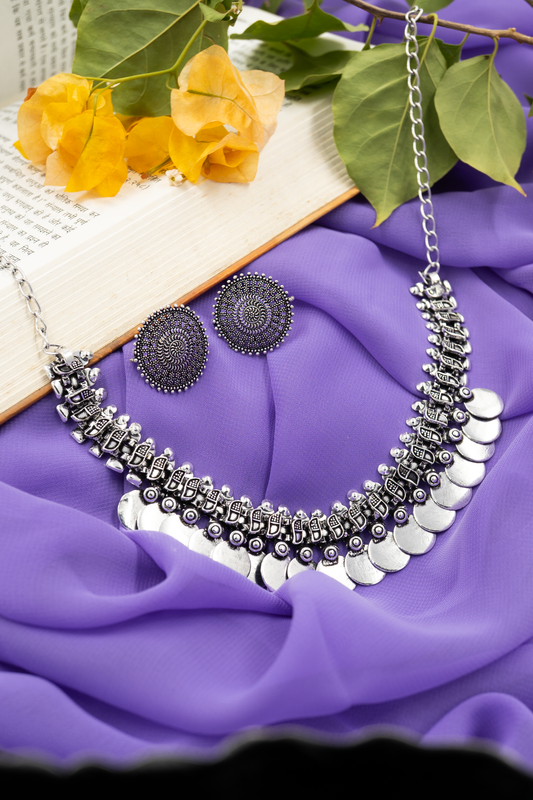 Oxidized Silver Coin Choker Necklace Set