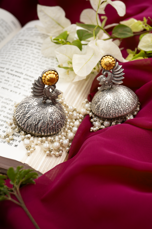 Peacock Dome Jhumka Earrings with Pearl Droplets
