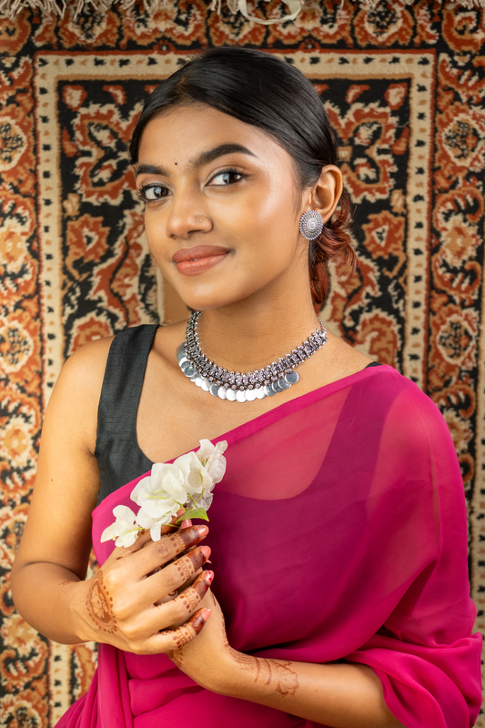 Oxidized Silver Coin Choker Necklace Set