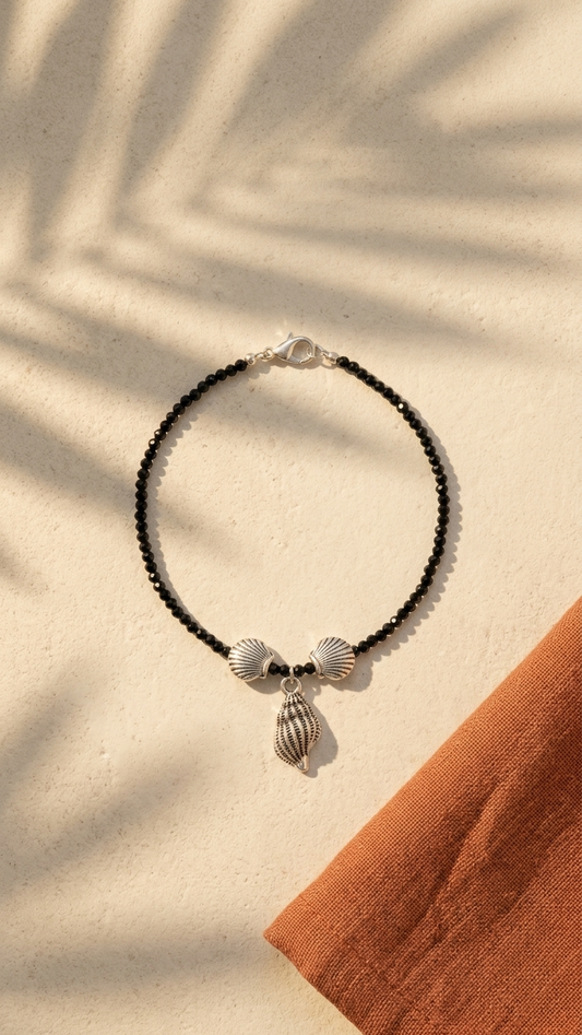 Black Beaded Seashell Charm Anklet