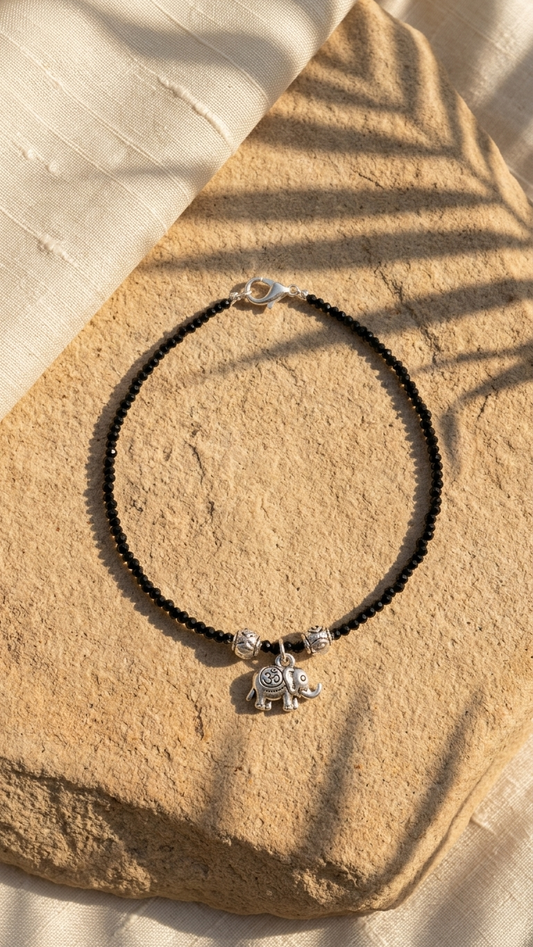 Black Beaded Elephant Charm Anklet