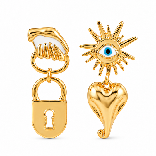 Gold Plated 925 Sterling Silver Evil Eye & Heart Lock Dangle Earrings