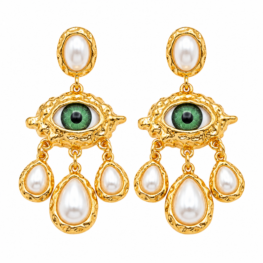 Gold-Plated Evil Eye Pearl Drop Earrings