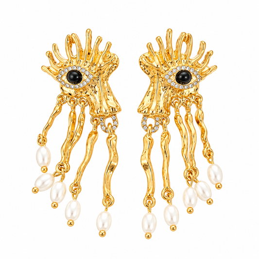 Gold-Plated Evil Eye Pearl Drop Earrings