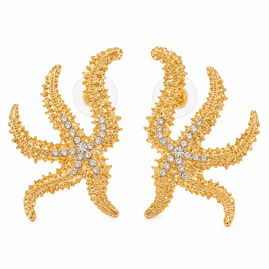 Gold-Tone Starfish Design Crystal Stud Earrings