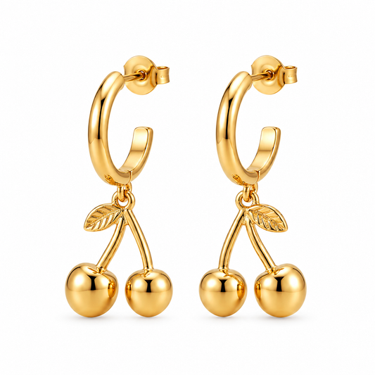 Gold Plated Cherry Dangle Hoop Earrings