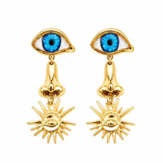 Golden Evil Eye & Sunburst Dangle Earrings with Blue Eyes