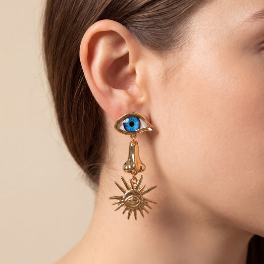 Golden Evil Eye & Sunburst Dangle Earrings with Blue Eyes