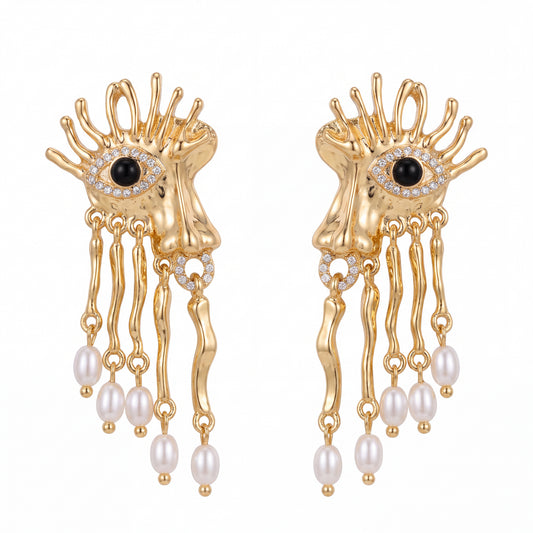 Gold-Plated Evil Eye Pearl Drop Earrings