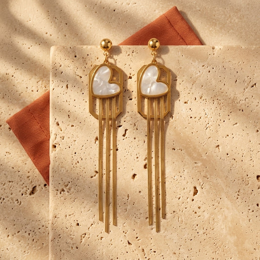 Golden Heart Tassel Drop Earrings