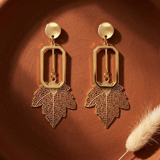 Golden Leaf Geometric Drop Earrings