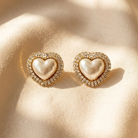 Pearl Heart Crystal Stud Earrings