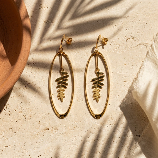 Golden Leaf Oval Drop Earrings