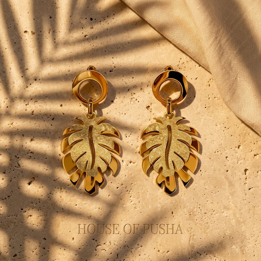 Golden Tropical Leaf Dangle Earrings