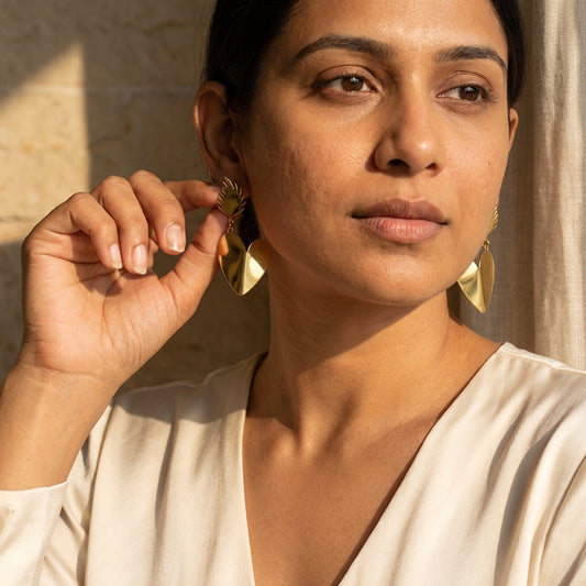 Dual Tone Leaf Heart Drop Earrings
