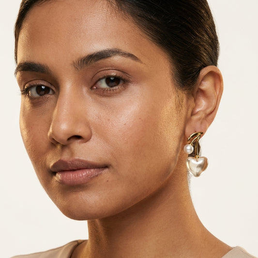 Gold-Plated Cherry Heart Pearl Drop Earrings