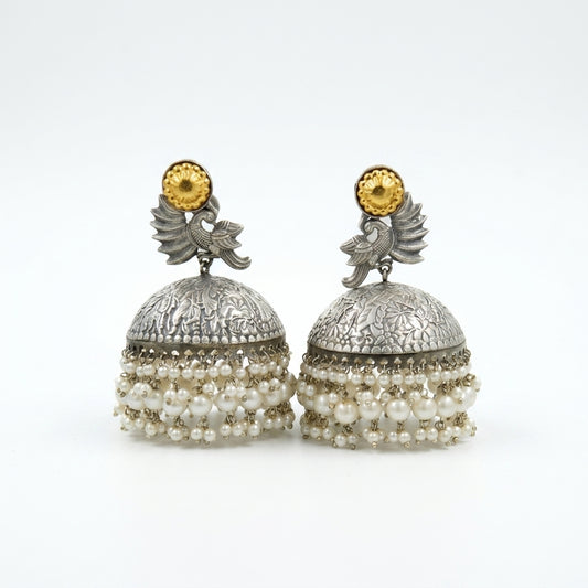 Peacock Dome Jhumka Earrings with Pearl Droplets
