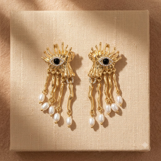 Gold-Plated Evil Eye Pearl Drop Earrings