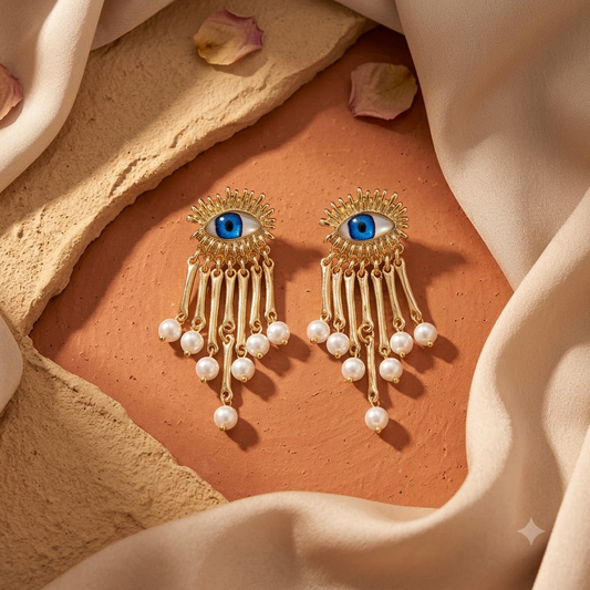 Gold Plated Blue Evil Eye Pearl Drop Earrings