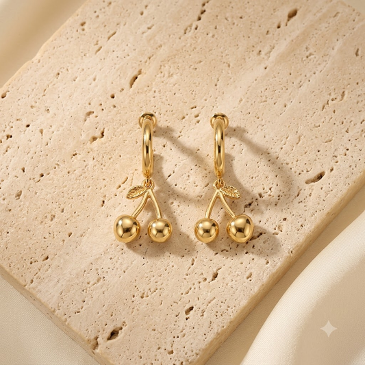 Gold Plated Cherry Dangle Hoop Earrings