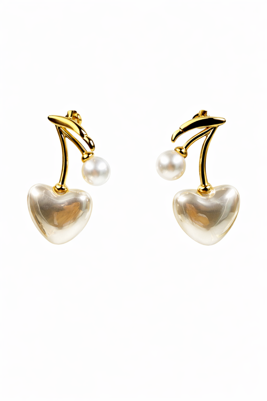 Gold-Plated Cherry Heart Pearl Drop Earrings