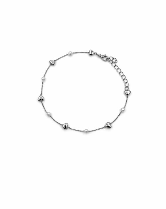 PUSHA Silver Heart & Pearl Charm Anklet for Women – Minimal Delicate Chain with Beaded Accents