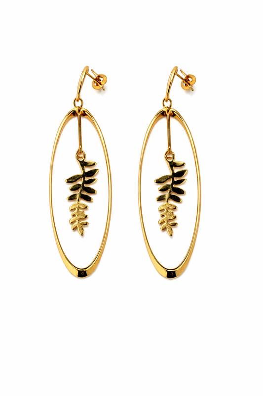 Golden Leaf Oval Drop Earrings