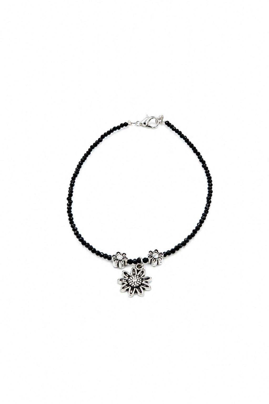 Black Beaded Floral Charm Anklet