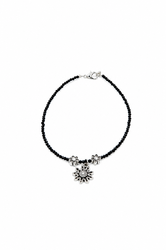 Black Beaded Floral Charm Anklet