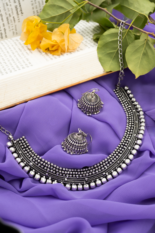 Oxidized Silver Dome Bead Necklace Set