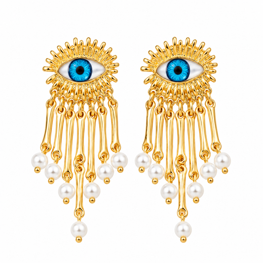 Gold Plated Blue Evil Eye Pearl Drop Earrings