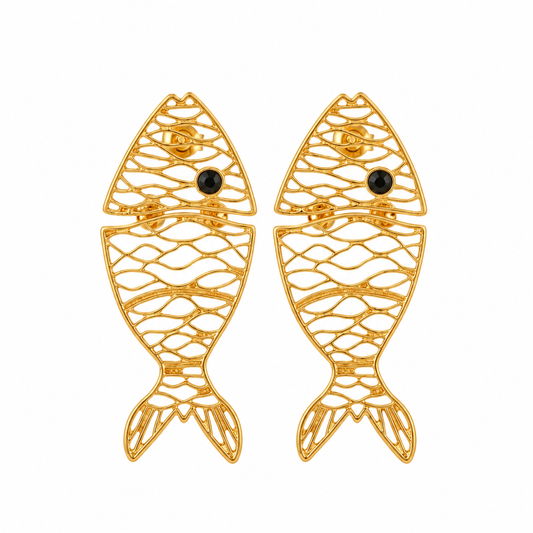 Gold-Plated Fish Design Statement Earrings with Black Stone