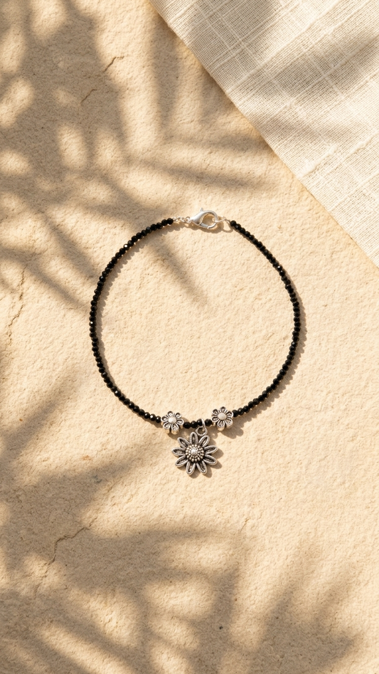 Black Beaded Floral Charm Anklet