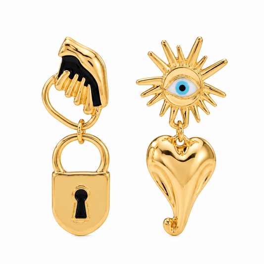 Gold-Plated Evil Eye Sun & Lock Pendant Drop Earrings  ( Black )