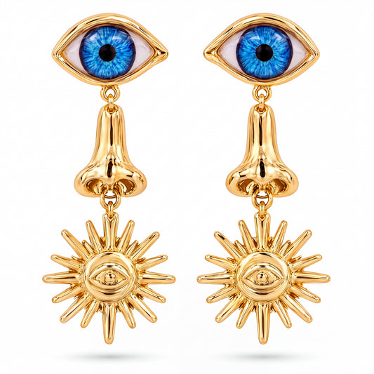 Golden Evil Eye & Sunburst Dangle Earrings with Blue Eyes
