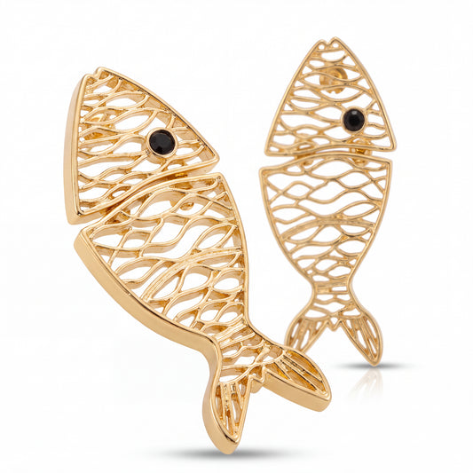 Gold-Plated Fish Design Statement Earrings with Black Stone