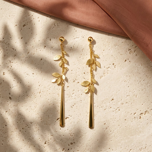 Golden Leaf Drop Chain Earrings
