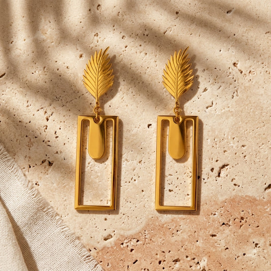 Golden Leaf Geometric Drop Earrings