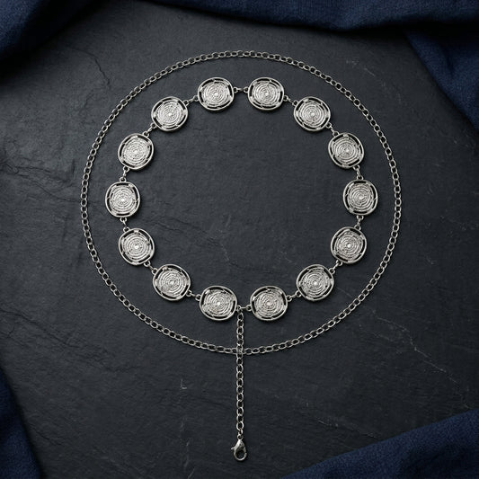 Silver-Tone Circular Engraved Disc Waist Chain (Kamarband)