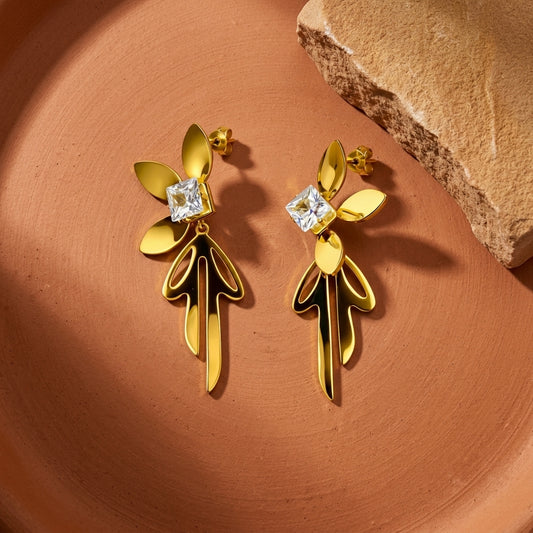 Gold Leaf Crystal Drop Earrings