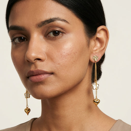 Gold-Tone Heart & Floral Charm Drop Earrings