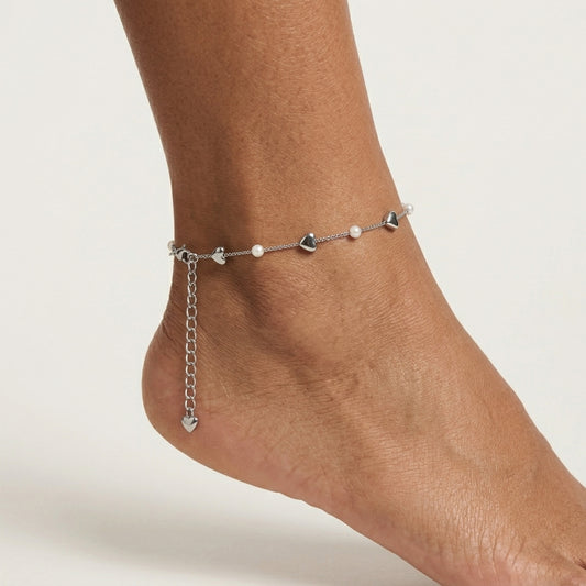PUSHA Silver Heart & Pearl Charm Anklet for Women – Minimal Delicate Chain with Beaded Accents - photo 2