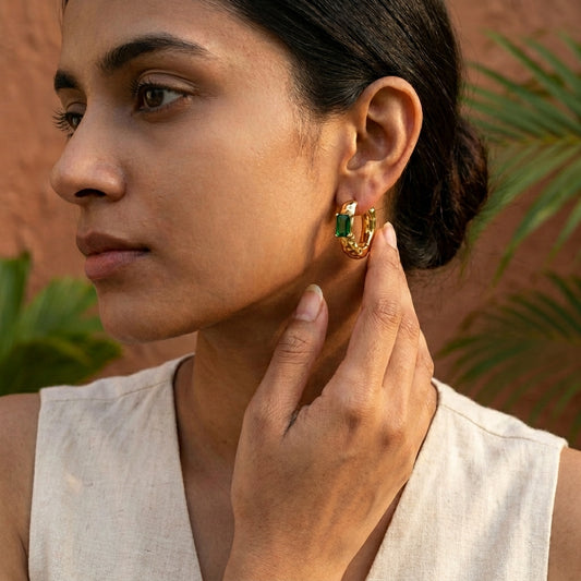 Emerald Cut Stone Gold-Plated Hoop Earrings