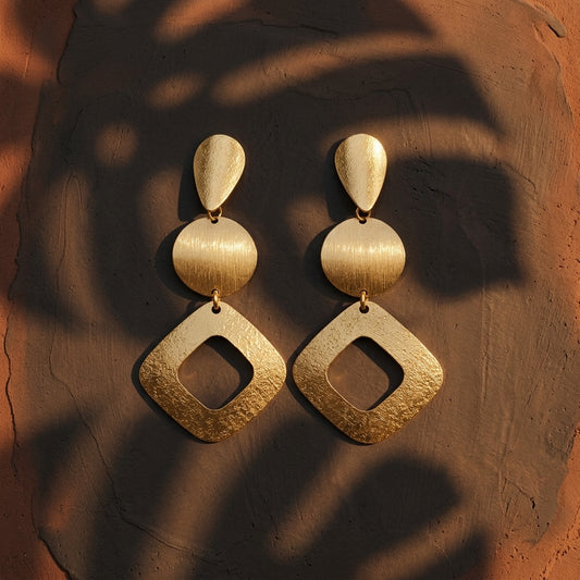 Geometric Textured Gold-Plated Statement Drop Earrings